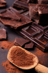 wooden spoon with cocoa powder and pieces of dark chocolate.