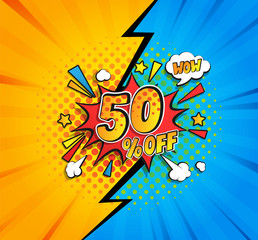 50 percent off comic speech bubble. Great vintage template in retro pop art style on halftone background for wow sales flyers,invitation,special offer card, for design,advertising.Vector illustration.