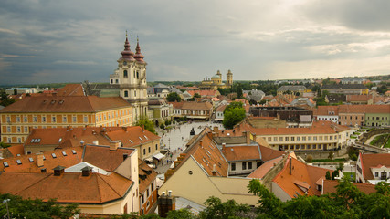 Panoramic view of the old town in Eger seen from the castle walls at sunset, Eger, Hungary