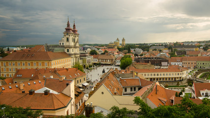 Obraz premium Panoramic view of the old town in Eger seen from the castle walls at sunset, Eger, Hungary
