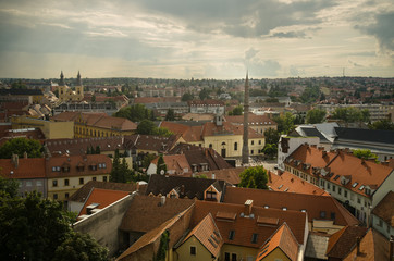 Panoramic view of the old town with the famous Eger minater seen from the castle walls at dusk, Eger, Hungary