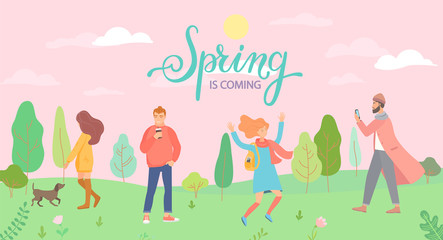 People in the spring park in different situations - playing with the dog, jumping, man with phone and hipster with coffee. Men and women in season forest. Vector illustration.