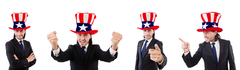 Man with american flag isolated on white