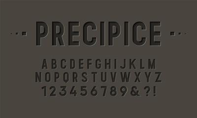 Condensed font with the effect of cut paper, engraving, and embossing. Vector illustration.