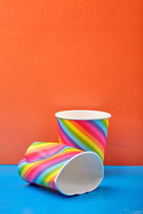 multicolored Paper Cups, used paper cup on a bright background