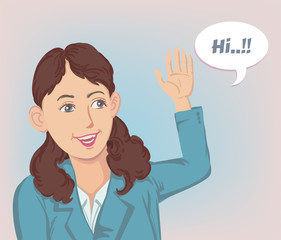Business women raise hands as a greeting. hand drawn style vector design illustrations.