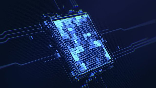 Circuit or Chip integrated in digital hi-tech surface or board. Download, transfer and data processing in cyberspace. Artificial intelligence. Virtual network interface. 4K Server processes animation