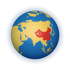 Fototapeta na wymiar Stilyzed, simplified globe in blue and yellow colours with the territory of the Peoples Republic of China highlighted in red, vector illustration isolated on white background