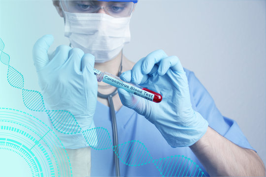 medical laboratory test tube and syringe with blood in the hand of a virologist doctor, concept of virology, epidemic, spread of the CoV virus