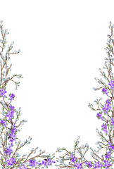 Beautiful delicate spring realistic vertical rectangular frame of willow and lilac branches. Easter and spring time. Purity and innocence symbol. Watercolor isolated elements on white background.