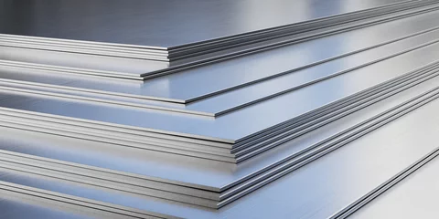 Poster Steel sheets in warehouse, rolled metal product. © simone_n