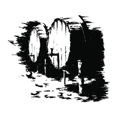 wine barrels - vector black and white illustration of two wooden barrels in a wine cellar