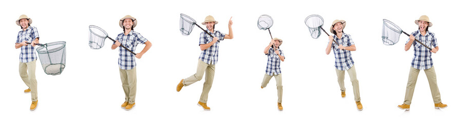 Funny guy with catching net on white