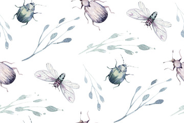 Set of watercolor bright beetles seamless pattern, bugs fly and bees. Isolated colorful cartoon buttle and bug. Insect set decoration