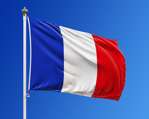 Flag of France on the blue sky. Isolated with clipping path. 3D illustration.