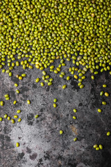 Mung bean, green moong on black metallic vintage background. Copy space. Black background....