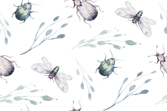 Set of watercolor bright beetles seamless pattern, bugs fly and bees. Isolated colorful cartoon buttle and bug. Insect set decoration