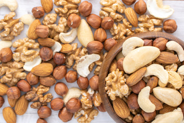 Different nuts in wooden bowl on wood table