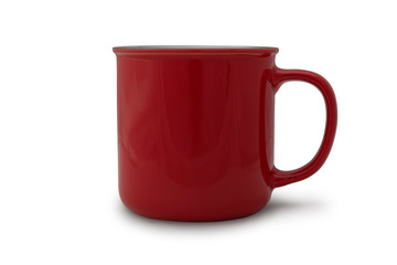 Red cup isolated on white background. close-up . View from side