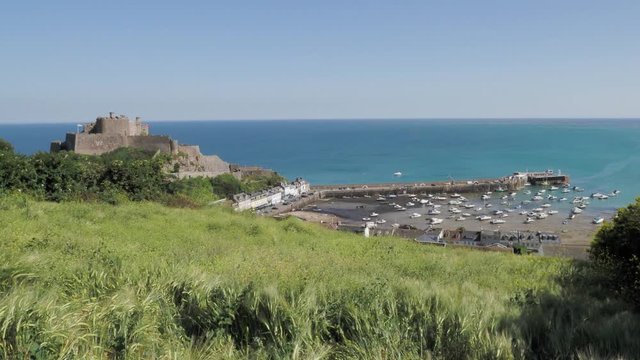Mont Orgueil Castle and Gorey harbour at low tide