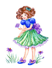 Girl with a butterfly, watercolor illustration on a white background, isolated. Baby picture for greeting card, women's day, mother's day, easter and other designs.