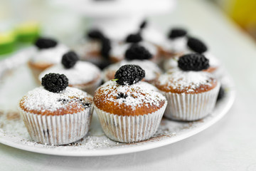 Plate with freshly baked sweet muffins. Sweet pastries, recipes, cooking