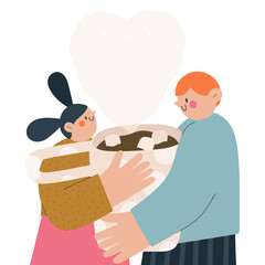 Cooking together - vector illustration of boy and girl holding cup together. Cute and simple cartoon characters. Artistic food and drink background.