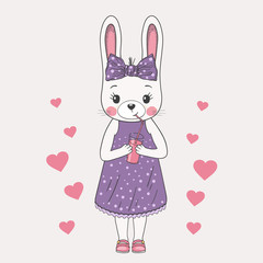 Cute rabbit girl drinking pink juice. Cartoon vector illustration