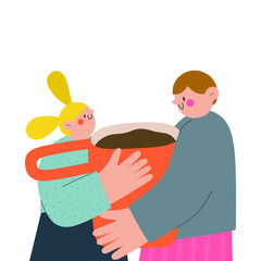 Cooking together - vector illustration of boy and girl holding cup together. Cute and simple cartoon characters. Artistic food and drink background.