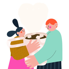 Cooking together - vector illustration of boy and girl holding cup together. Cute and simple cartoon characters. Artistic food and drink background.