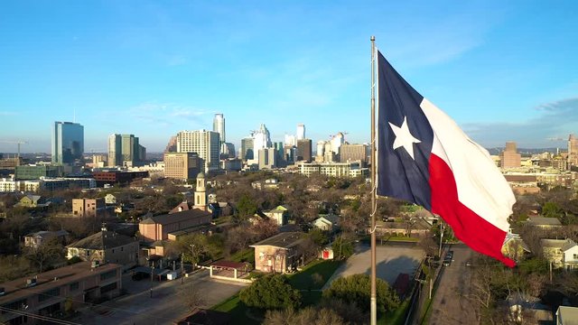 4K Aerial Drone Shot Austin Texas Skyline Texas State Flag Texas Capital