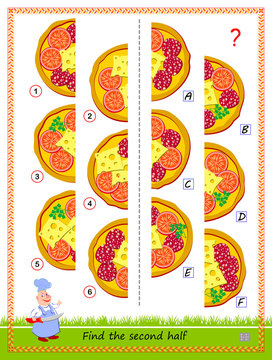 Logic puzzle game for children and adults. Need to find second half of each pizza. Educational page for kids. IQ training test. Developing spatial thinking skills. Flat vector cartoon image.