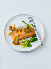 Lachsfilet mit Gemüse und Garnelen auf Teller freigestellt auf weißem untergrund