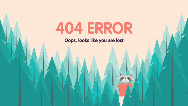 404 error not found page web design. Forest background with lost raccoon.  Vector flat cartoon illustration
