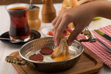 sausage eggs with Turkish tea