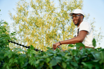 African male gardener in uniform and glasses trimming bushes