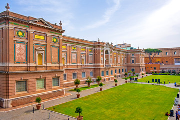 Rome, Vatican City, Italy - Panoramic view of the Vatican Museums with its Pinacotheca art gallery building of Leonardo da Vinci and the Square Garden - obrazy, fototapety, plakaty