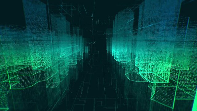 Seamless loop of 3D render abstract hologram of the city with futuristic shapes. Digital city with binary code particles and network connections. Technology connection and business concept in 4K 