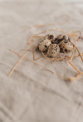 Quail eggs with hay on a rustic style linen background. Easter and healthy eating concept.