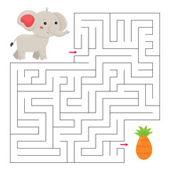Labyrinth for children. Help the elephant find right way to pineapple. African animals. Maze game. Kawaii cartoon character.