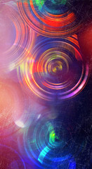 Abstract colorful circles background with grunge effects and vibrant & vivid colors. Vintage style old fashioned shiny lights background, wall paper.