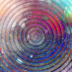 Abstract colorful circles background with grunge effects and vibrant & vivid colors. Vintage style old fashioned shiny lights background, wall paper.