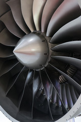 Close-up of a large jet engine turbine blades