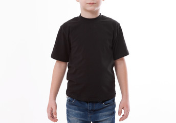 t-shirt design and people concept - close up of young man in blank black t-shirt, shirt front and rear isolated.