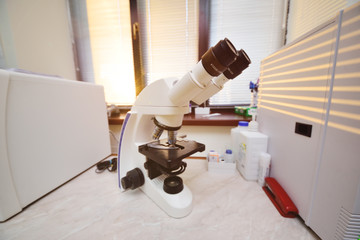 laboratory microscope close-up in the chemical and bacteriological DNA of the PCR laboratory.
