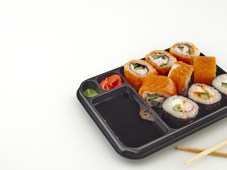 California rolls in a disposable container, fast food.Isolate white background 