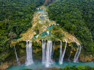 Aerial of the Tamul waterfalls, Huasteca Potosi, San Luis Potosi, Mexico