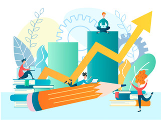 The business team works with books and on the computer against the background of a graph of revenue growth. Vector illustration of the concept of teamwork, work on a business project, team training