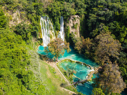 Aerial of the Minas Viejas waterfalls, Huasteca Potosi, San Luis Potosi, Mexico