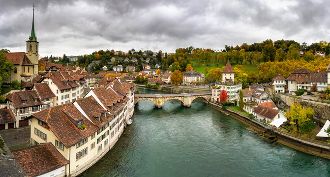 Panoramic of Aare River and Untertorbrucke bridge in the Old Town (Altstadt), Bern, Canton Bern